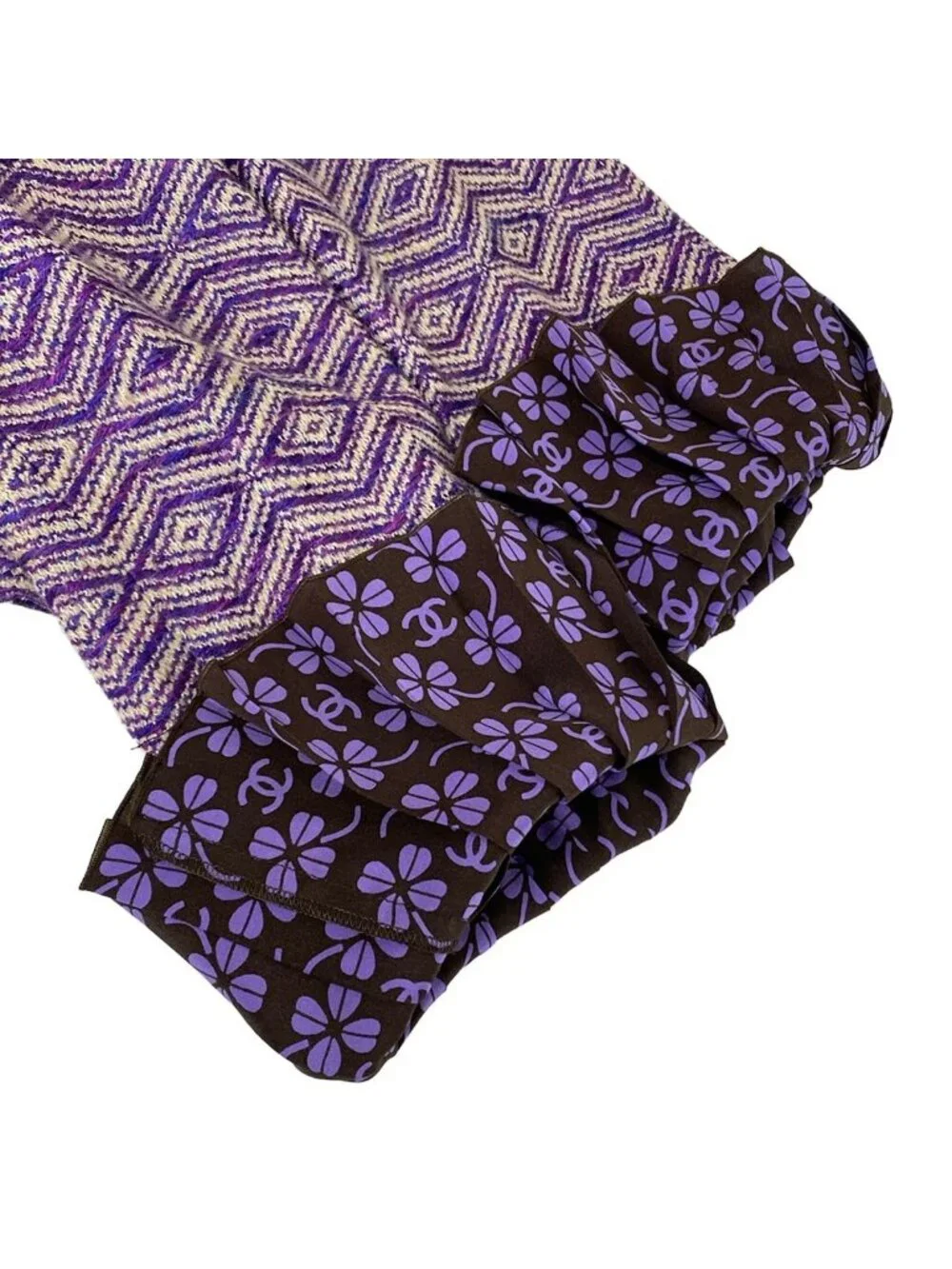 Chanel Skirt Suit Dark Brown Purple Clover CC Logo Pleats Set Wool